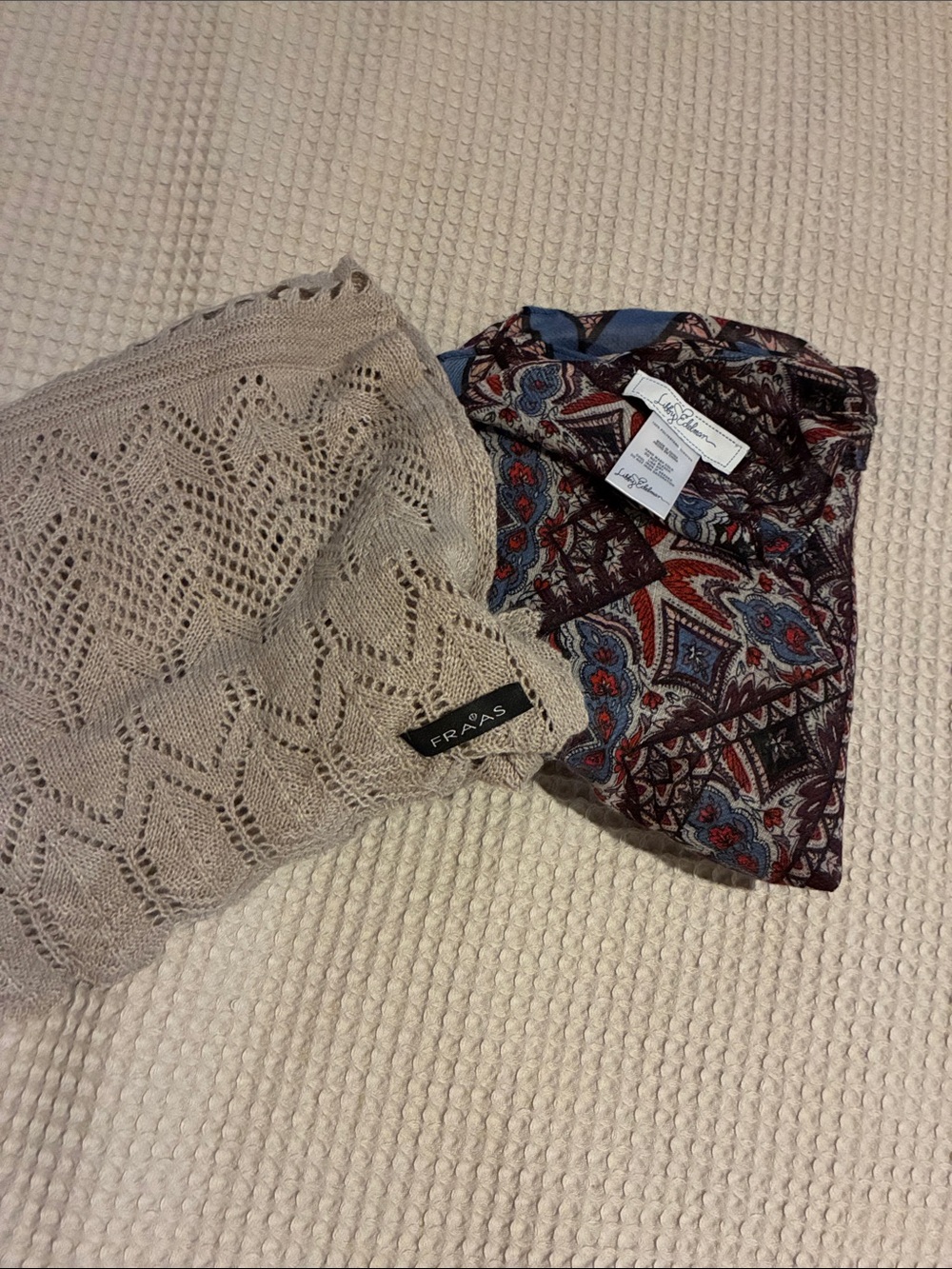 Mixed Lot of Two Scarves Fraas Beige Knit Lace-Pattern Scarf, Libby Edelman